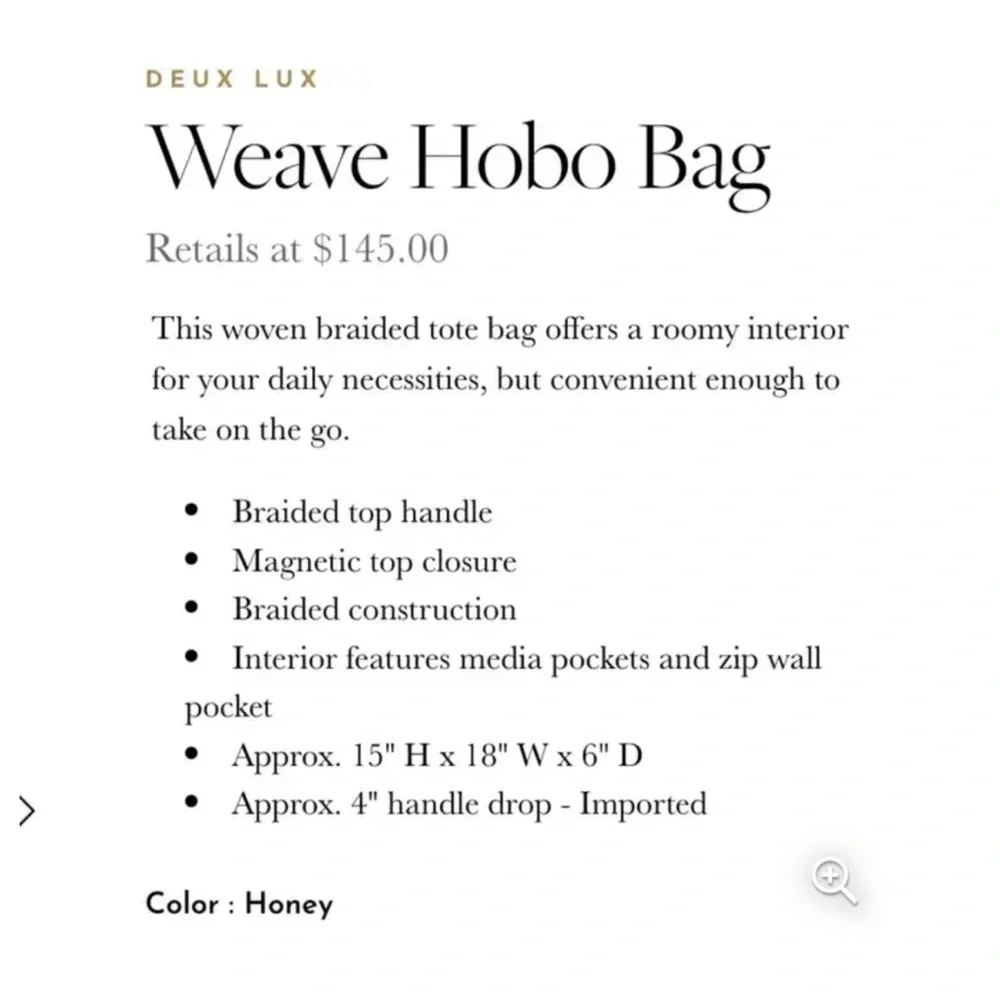 Deux Lux‎ Buttery Soft Weave Hobo Bag with Braided Strap in Color Honey